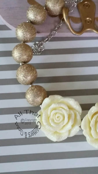 Ivory and Gold Glitter Sparkly Chunky Gold 3 Three Flowers Baby Girls, Little Girls and Women's Necklace