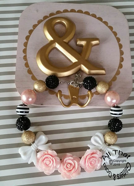 Light Pink, Black Gold Glitter Sparkly Chunky Gold 3 Three Flowers Baby Girls, Little Girls and Women's Necklace