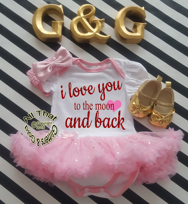 Cute 2 Piece Pink I Love You To The Moon Valentine's Day Glitter Baby Girl Tutu Dress Outfit