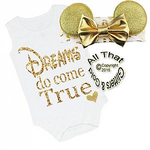2 Pc White and Gold Glitter Dreams Do Come True Minnie Inspired Girls Outfit