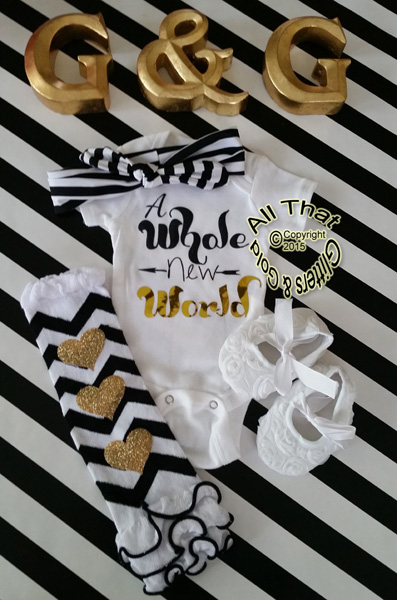 Black and Gold Glitter A Whole New World Baby Girl and Boy Bodysuit