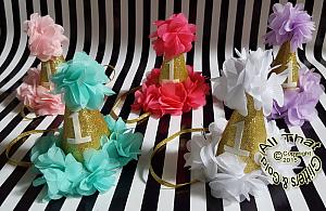 Gold Glitter First Birthday Party Hat Headband With Flowers