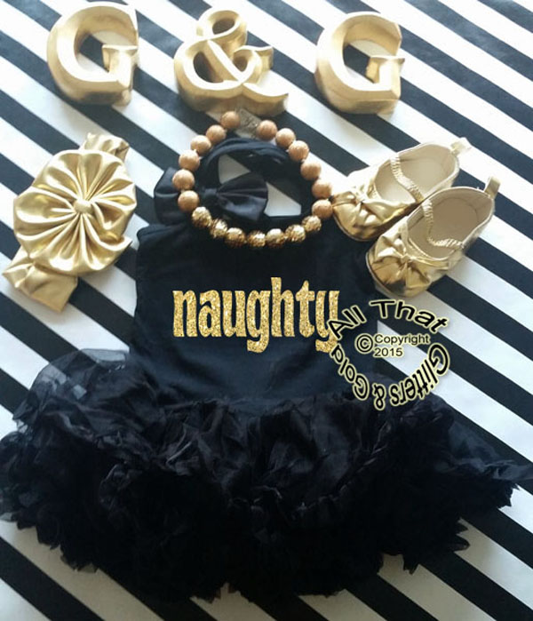 Black and Gold Glitter Naughty Christmas Tutu Dress For Little Girls