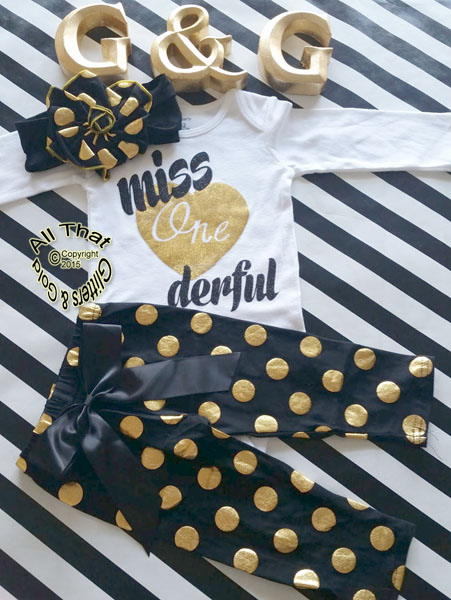 Black and Gold Polka Dot Miss One Derful 1st Birthday Pants Outfits For Baby Girl
