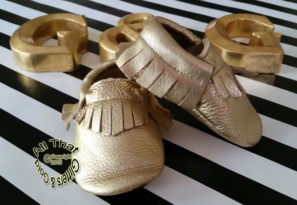 Leather Gold Soft Soled Baby Fringe  Moccasin Shoes