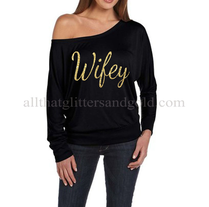 Cute Off The Shoulder Wifey Gold Glitter Shirts For Women