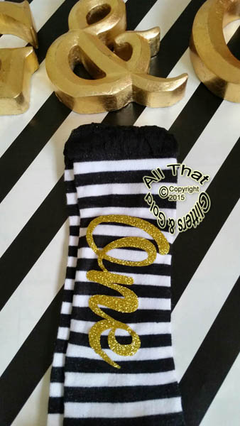 Black and White Striped Gold ONE Birthday Leg Warmers
