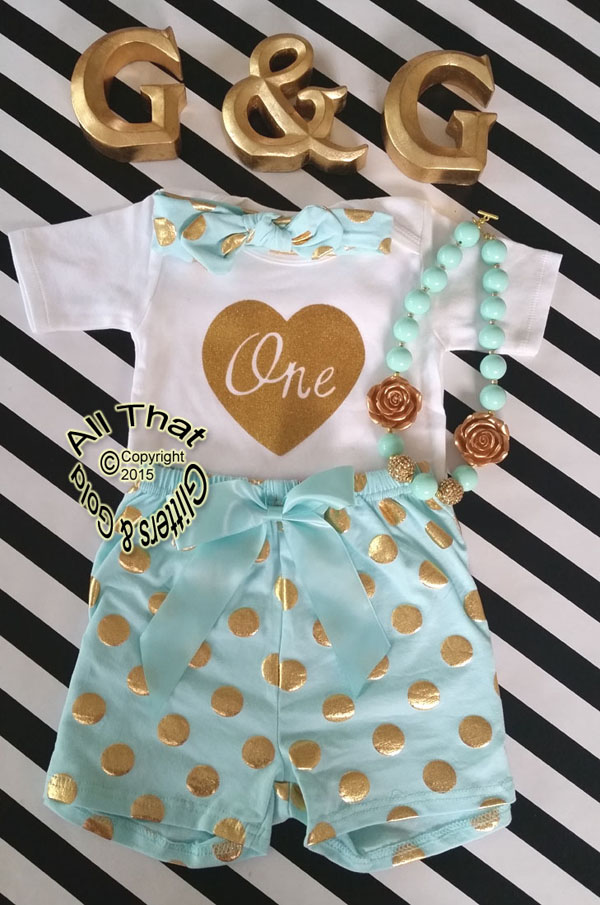 Mint and Gold Polka Dot Baby Girl 1st Birthday Shorts Outfits