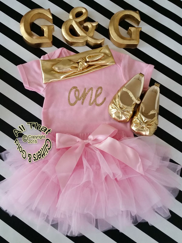 Pink Gold One 1st Birthday Outfit With Pink Tutu Skirt