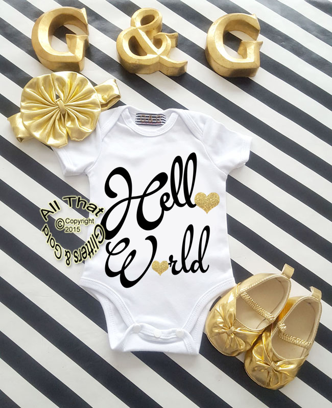 Black and Gold Glitter Hello World Baby Girl Coming Home Outfit