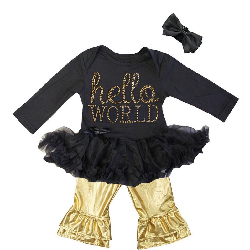 Black and Metallic Gold 3 Pc Hello World Rhinestone Baby Girl Pants Outfit