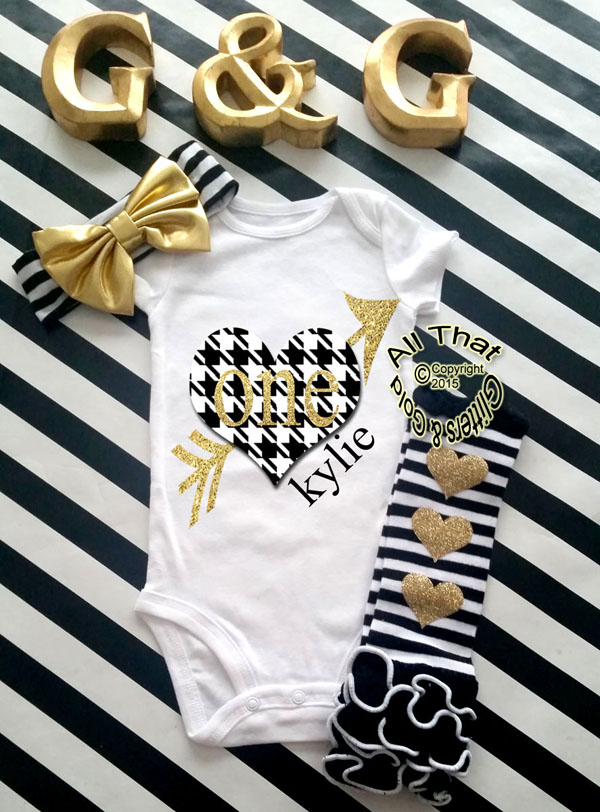 Personalized Baby Girls Houndstooth First Birthday Outfit With Leg Warmers