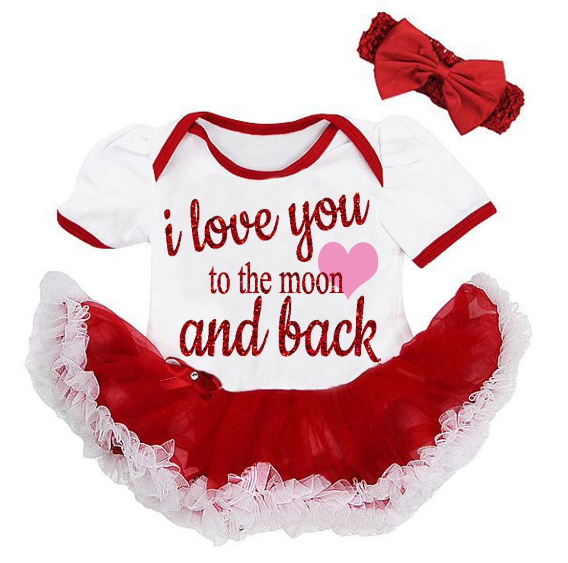 Cute 2 Piece I Love You To The Moon Valentine's Day Glitter Baby Girl Tutu Dress Outfit