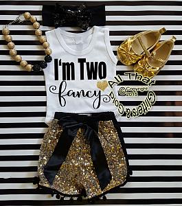 Black and Gold I'm Two Fancy With Gold Sequin Pom Pom Shorts
