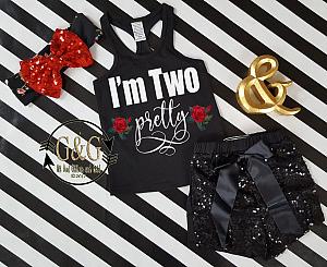 Black and Red Sequin I'm Two Pretty Birthday Shorts Outfit Watercolor Roses