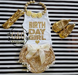 Ivory and Gold Birthday Girl Outfit With Gold Sequin Pom Pom Bloomers Ages 1 to 3