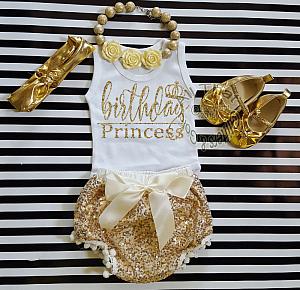 Ivory and Gold Birthday Princess Outfit With Gold Sequin Pom Pom Bloomers Ages 1 to 3