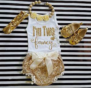 Ivory and Gold I'm Two Fancy Outfit With Gold Sequin Pom Pom Bloomers
