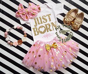 Pink and Gold Just Born Going Home Tutu Outfit For Baby Girl