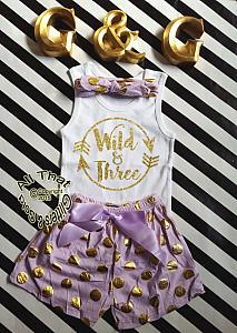 Wild and Three Lavender and Gold Glitter 3rd Birthday Pom Pom Shorts Outfits