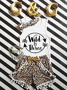 Wild and Three Leopard Print Glitter 3rd Birthday Pom Pom Shorts Outfits