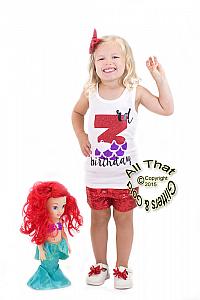 Red and Purple Mermaid Glitter 3rd Birthday Sequin Shorts Outfits