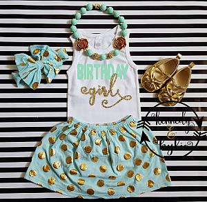 Mint and Gold Polka Dot Birthday Girl Outfit For Girls Ages 2 to 8