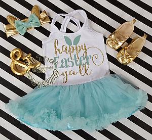 Mint and Gold Glitter 2pc Happy Easter Tutu Dresses For Toddler Girls Age 1-4