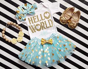 Mint and Gold Hello World Going Home Tutu Outfit For Baby Girl