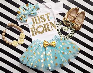 Mint and Gold Just Born Going Home Tutu Outfit For Baby Girl