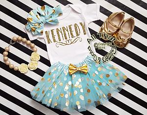 Personalized 3pc Mint and Gold Tutu Outfit For Baby Girl and Toddler Girls