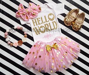 Pink and Gold Hello World Going Home Tutu Outfit For Baby Girl
