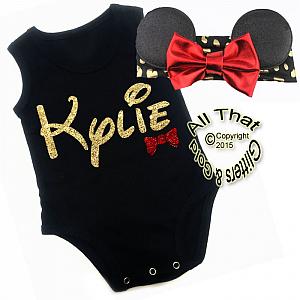 Personalized 2 Pc Black, Red and Gold Glitter Minnie Mouse Girls Outfit