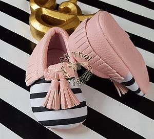 Pink, Black and White Striped Soft Soled Baby Girl Moccasin Shoes With Tassels