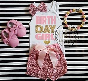 Pink and Gold Birthday Girl Outfit With Pink Sequin Shorts Ages 1-6
