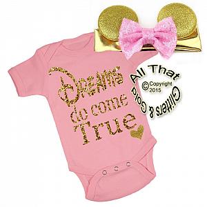 2 Pc Pink and Gold Glitter Dreams Do Come True Minnie Inspired Girls Outfit
