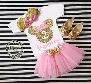 Pink and Gold Glitter Birthday Minnie Birthday Tutu Outfit Age 1 to 6