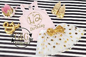 2pc Pink and Gold 1/2 Birthday Polka Dot Birthday Tutu Outfit