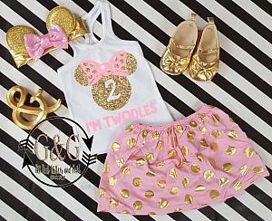 Pink and Gold Polka Dot Minnie I'm Twodles Outfit For Girls