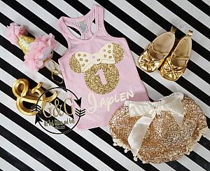 Pink and Gold 1st Minnie Birthday Outfit With Gold Sequin Pom Pom Bloomers Ages 1 to 3