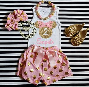 Personalized Pink and Gold Minnie Birthday Shorts Outfits For Toddlers