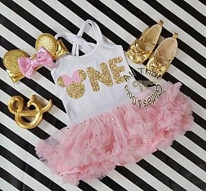 Pink and Gold Glitter 2pc Minnie One Year Old Birthday Tutu Dresses For Toddler Girls