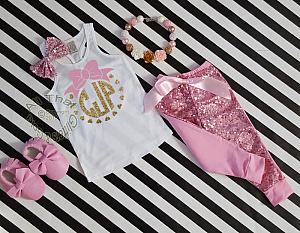 Pink and Gold Monogram Sequin Pants Outfit
