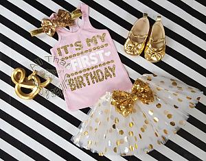 Pink and Gold It's My First Birthday Polka Dot Tutu Outfit