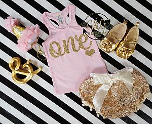 Pink and Gold 1st Birthday Outfit With Gold Sequin Pom Pom Bloomers Ages 1 to 3