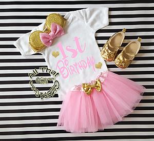 Pink and Gold Glitter 1st Birthday Minnie Birthday Tutu Outfit