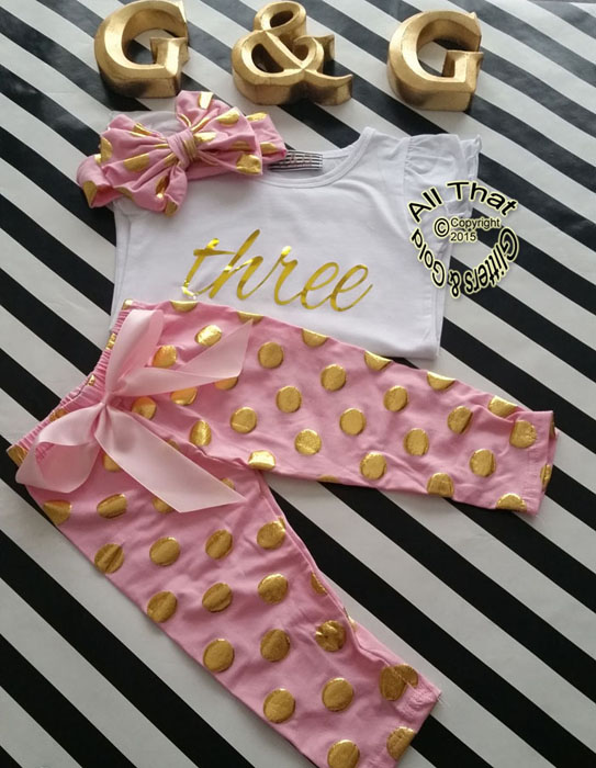 Pink and Gold Polka Dot 2nd 3rd 4th Girls Birthday Pants Outfits