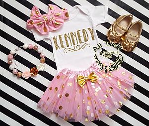 Personalized 3pc Pink and Gold Tutu Outfit For Baby Girl and Toddler Girls