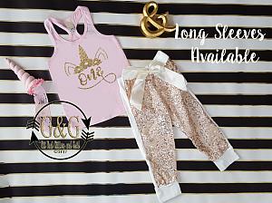 Pink and Gold Glitter Unicorn Sequin Birthday Pants Outfit Ages 1-6
