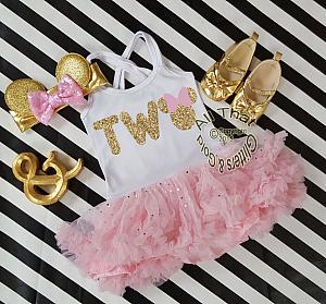Pink and Gold Glitter 2pc Minnie Two Year Old Birthday Tutu Dresses For Toddler Girls